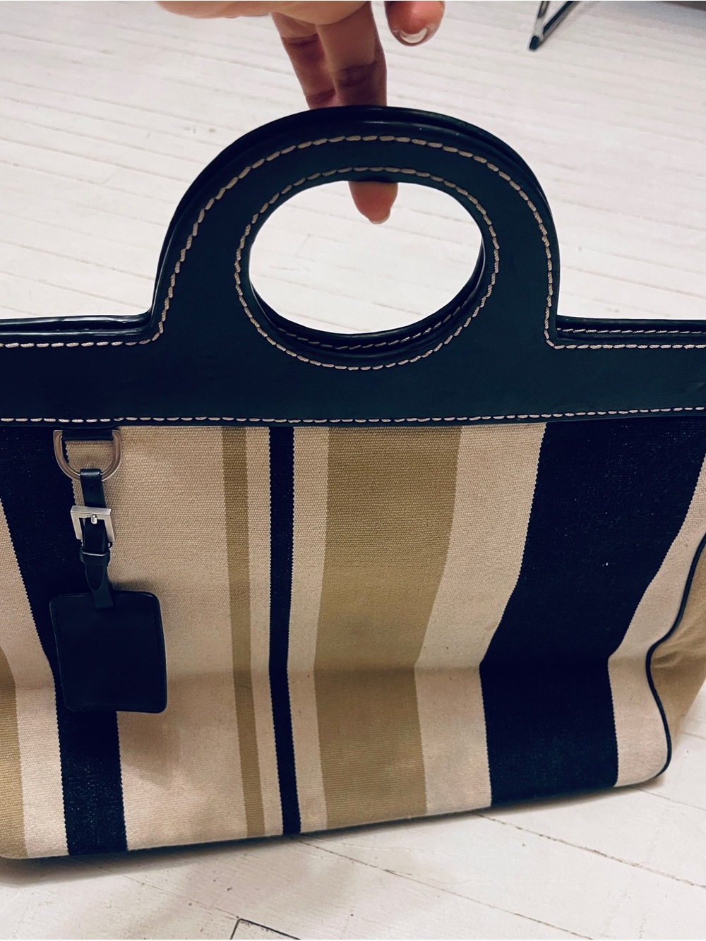 Striped Canvas Tote Bag with Black Leather Trim